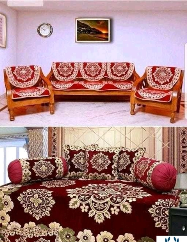 Kanha Décor presents Chenille attractive designer Diwan set which contain 1 bedsheet , 2 bolster with 5 cushion cover & 10 pcs set sofa cover - Free Size, Maron, Chenile, Multipack :1